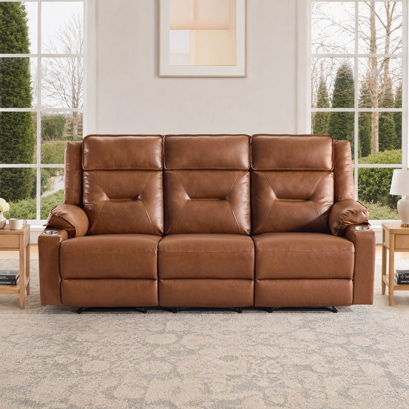 Ensemble de canapé modulaire manuel inclinable avec porte-gobelets en acier inoxydable, fauteuil coulissant en cuir végétalien à 3 places Gravity, brun