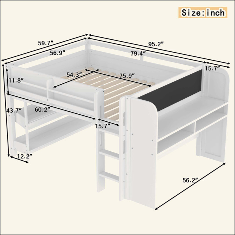 Lit mezzanine avec bibliothèques, boîtes et tiroirs à plusieurs rangements, lits mezzanine bas en bois massif avec bureau et tableau noir, aucun sommier nécessaire