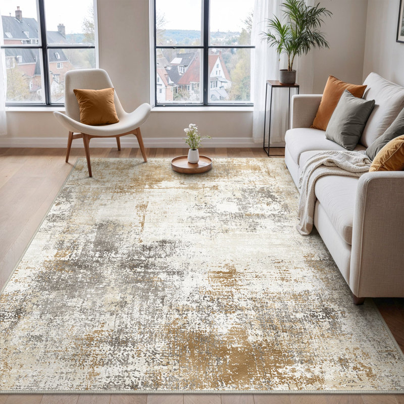 Abstract Machine Printed Area Rug, Rectangle 200 x 290 cm, Gold/Grey/Ivory