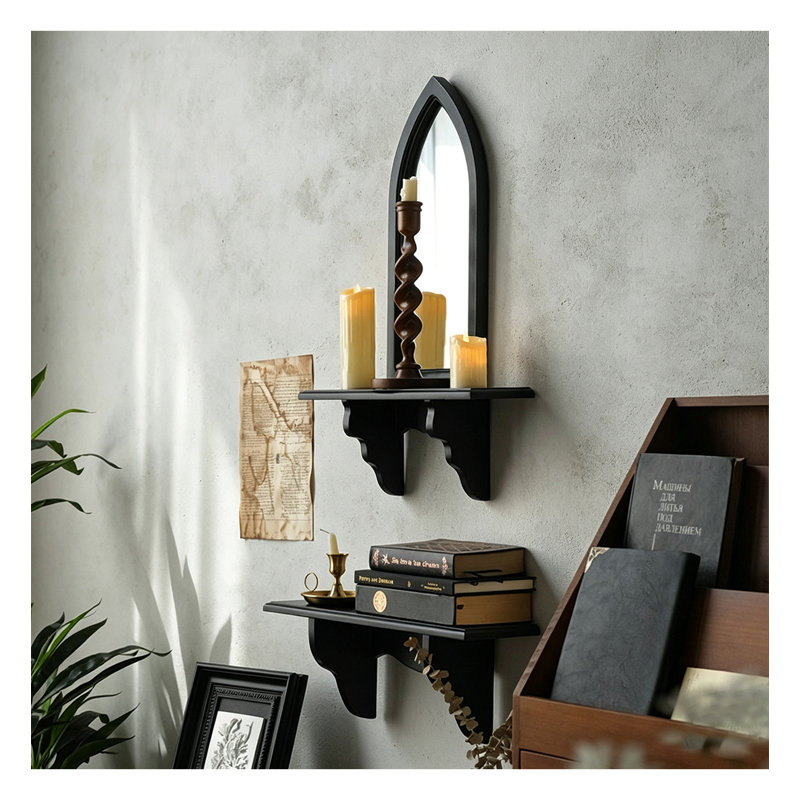 Miroir d'appoint mural gothique noir avec tablette flottante intégrée