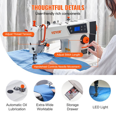 Industrial Sewing Machine, Upgraded 550W Servo Motor with Table Stand, 5000s.p.m Heavy Duty Lockstitch Sewing Machine, High Speed, Clear Control Panel and Electro-mechanization Start-stop