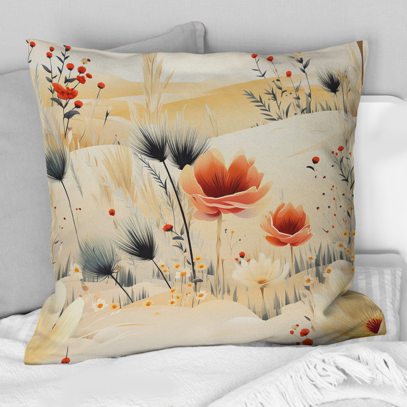 Coussin décoratif à motif floral bohème beige III, H 16 po x l 16 po