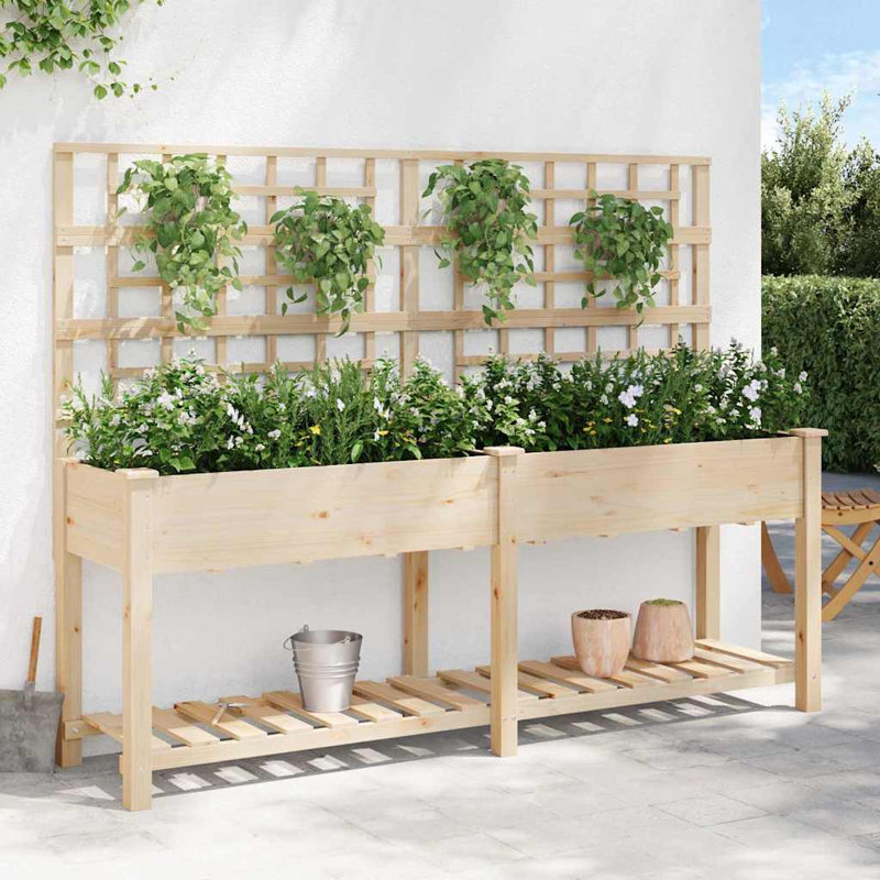 Garden Planter with Shelf Solid Fir Wood Outdoor Rectangular Box, 152.5cmH x 203.5cmW x 54cmD, Beige