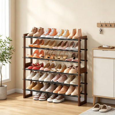 Expandable Shoe Rack Organizer for Closet, Sturdy Hybrid Wood and Steel Shoe Shelf, Stackable Shoe Storage Unit for Entryway, Living Room, and Garage,