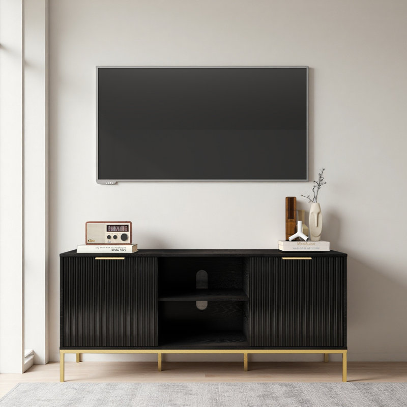 Meuble télé moderne avec portes, pieds et poignées à conception ondulée, charnières à fermeture en douceur, tablette ouverte et tablette réglable - élégant et fonctionnel pour votre salon, facile à assembler