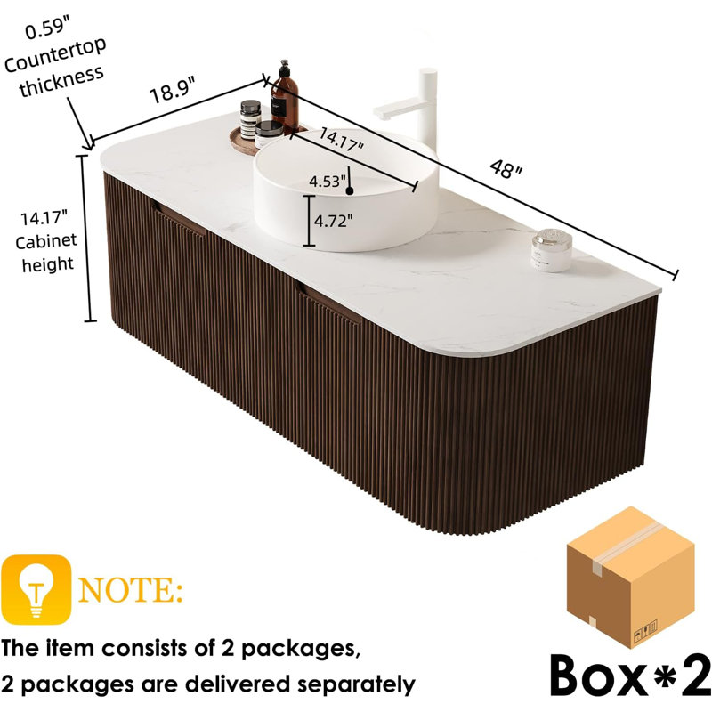 Meuble-lavabo 48 po avec lavabo, lavabos en céramique et plateau en marbre, 2 grands tiroirs de rangement, pré-assemblé, Brun