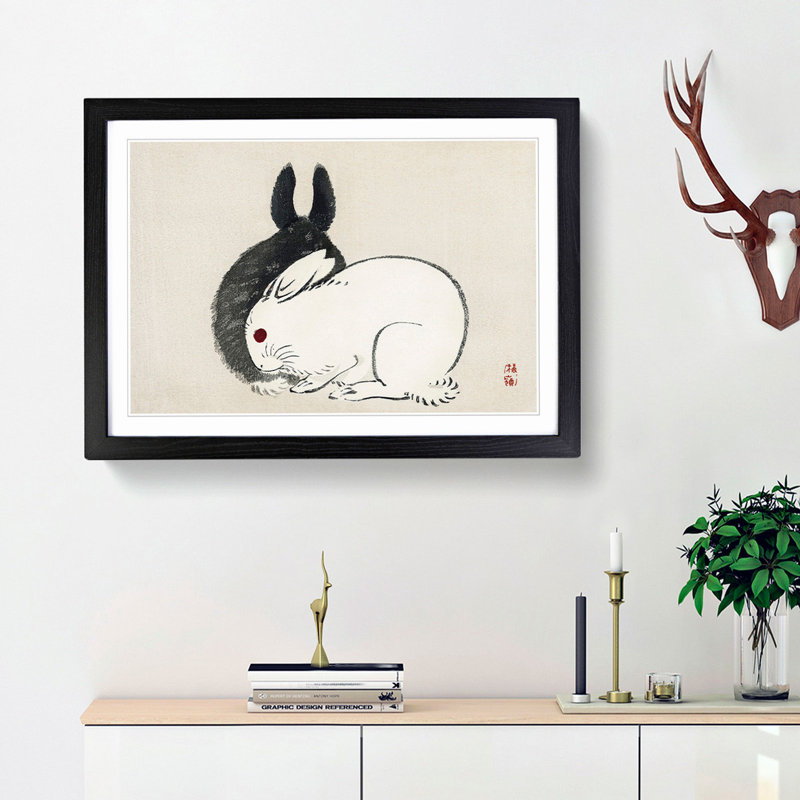 Black and White Rabbits by Kono Bairei - Picture Frame Painting Print, 62cm H x 87cm W x 2cm D, Black Framed