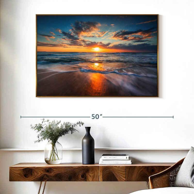 Été, océan, lever de soleil, Cadre flottant doré, 40 po x 27 po