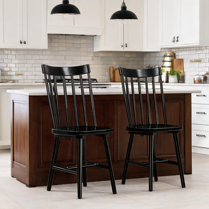 Ensemble de 2 chaises d'appoint Windsor modernes avec dossier en broche, bois massif, finition noire