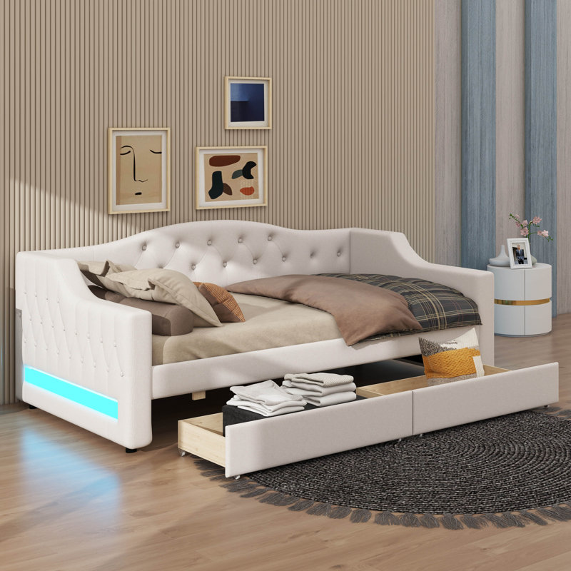 Lit de jour simple TG avec éclairage DEL amélioré et solution de rangement à deux tiroirs, Beige
