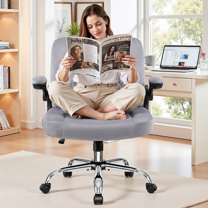 Criss Cross Ergonomic PU Leather Office Chair with Flip up Backrest and Armrests, Velvet Gray