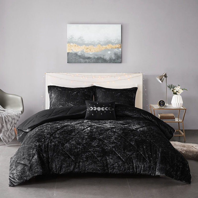 Édredon luxueux en velours noir pour très grand / très grand lit - très beau, rembourré, comprend 2 taies décoratives, 1 oreiller, ornement en losange lavable à la machine,