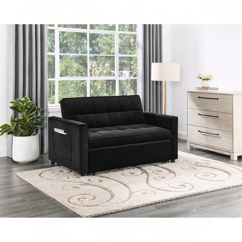 Causeuse convertible en velours noir l 53,5 po avec capitonnage et poches latérales