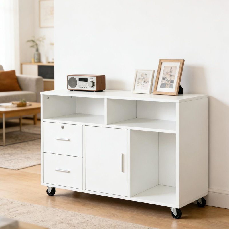 Rangement de bureau de style nordique avec beaucoup d'espace - 3 tablettes, 2 tiroirs, armoire, roulement lisse, verrouillable L 39,25 po x l 13,75 po H 25,5 po