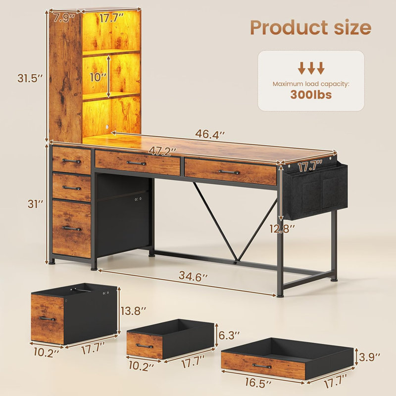 Bureau d'ordinateur Barbarino avec 5 tiroirs et bibliothèque à DEL pour petits espaces, Brun / noir