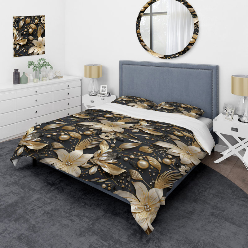 Ensemble de housse de couette Golden Beige and Black Flowers Elegance II - Glam