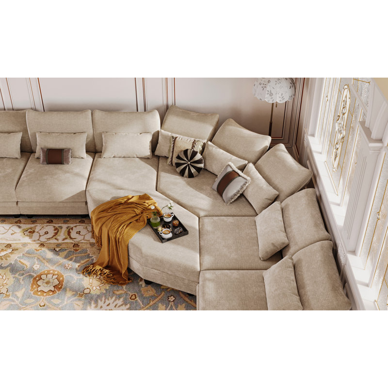 Canapé modulaire de coin en L en chenille avec repose-pieds Ahren, Chenille beige