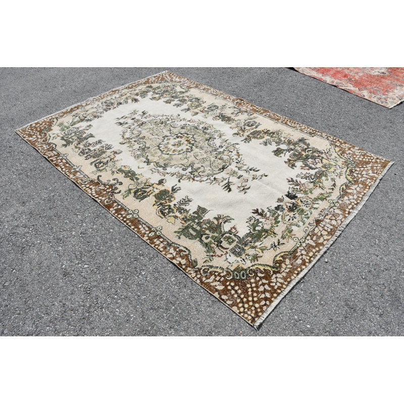 Tapis oriental oriental en laine de couleur turque parfaite pour la décoration de salon beige / vert