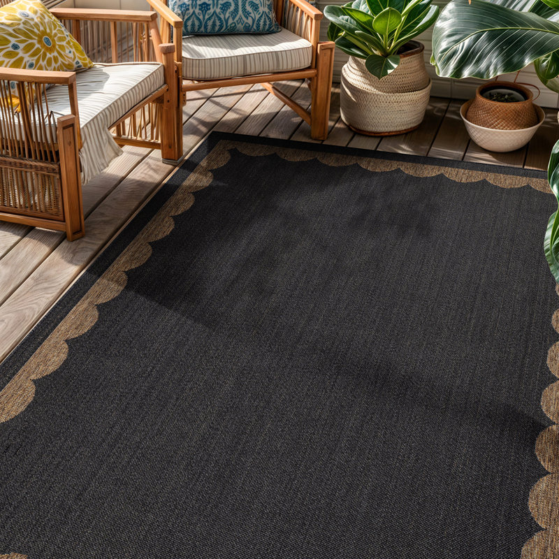 Tapis tissé à plat en jute gris foncé / naturel à bordure festonnée, Gris foncé, Rectangulaire 4 pi x 6 pi