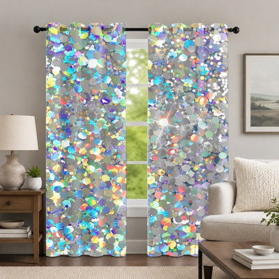 2 rideaux colorés à motif de paillettes, rideau vibrant de style scintillant, rideaux à œillets à imprimé holographique moderne, habillage de fenêtre pour le décor de la chambre à coucher