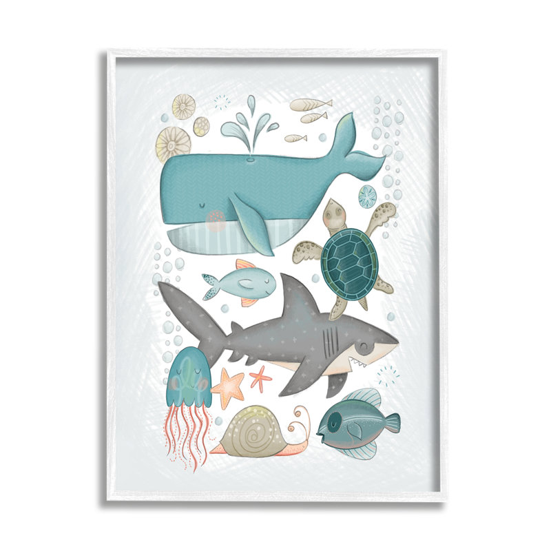 «Blue Maritime Animals», art giclée par Fineapple, Estampe numérique encadrée blanc bord de mer, H 30 po x l 24 po x P 1,5 po
