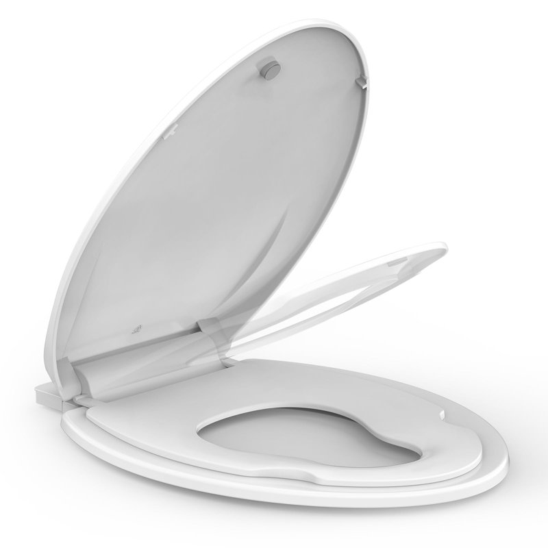 Soft Close Commercial Toilet Seat with Built-in Toddler Potty Training - Durable White PP, Easy Clean, Fits 19" Elongated Toilets, Commercial Grade, Sub-Cover, All White