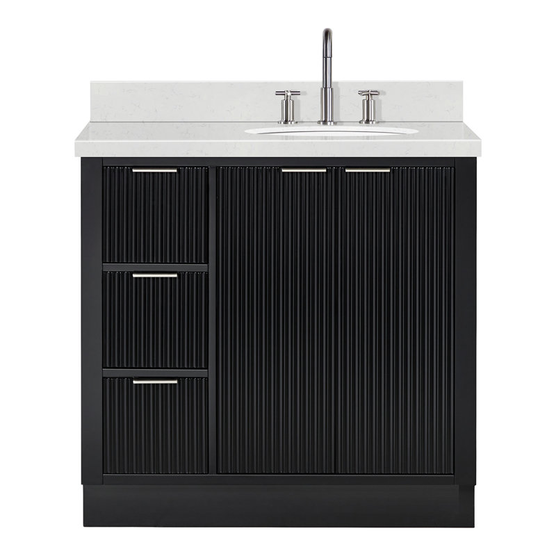 Ensemble de meuble-lavabo simple en bois massif de 36 po avec plateau en quartz Carrara de 1,5 po Haun, évier droit, lavabo ovale