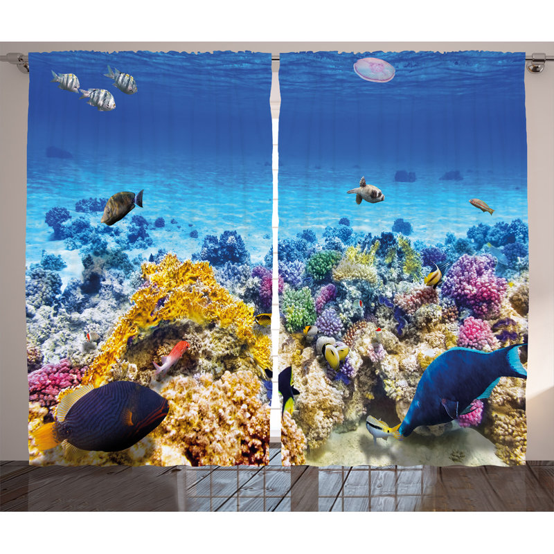 Underwater Sea World Graphic Print Semi-Sheer Rod Pocket Curtain Panels, 54" W x 84" L