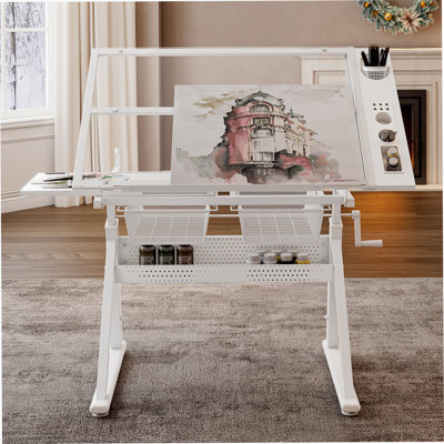 Table de dessin et d'impression en verre trempé réglable à manivelle avec chaise et espace de rangement pour salon, bureau, chambre à coucher