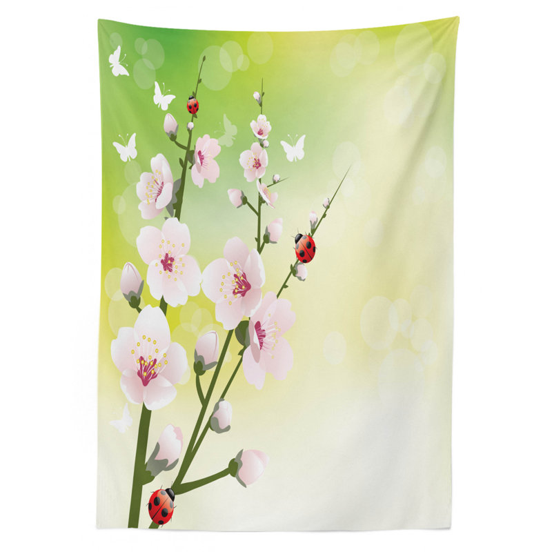 Ambesonne Ladybugs Tablecloth, Blooming Flowers In The Field And Ladybugs Japanese Leaf Petals Nature Graphic, Rectangular Table Cover For Dining Room Kitchen Decor, 60" X 90", Green Pink