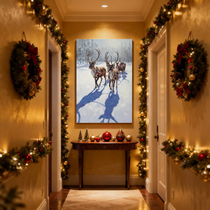 Renne de Noël tirant un traîneau dans une forêt enneigée, ensemble de 3 impressions sur toile, H 24 po x l 16 po