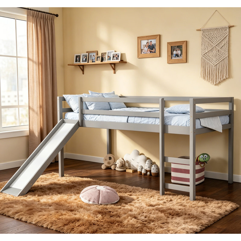 Lit mezzanine simple avec glissade, conception multifonctionnelle pour les enfants, fabrication en bois de pin massif, peu encombrant et durable