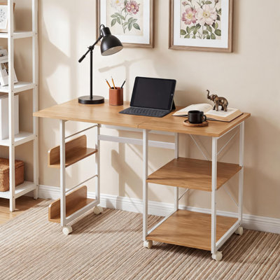 Folding Desk with Storage Shelf & Wheels, 41 Inch Foldable Computer Desk for Home Office, Mobile Writing Table with Lockable Rolling Casters, Space Saving Folding Dining Table Workstation