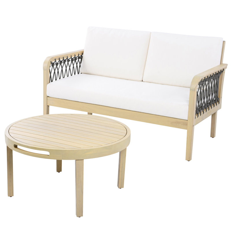 Ensemble de causeuse et table basse d'extérieur en bois d'acacia avec corde tissée à la main, teck clair