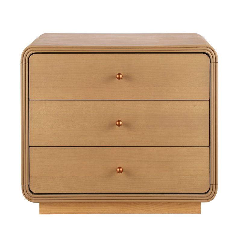 Table de chevet moderne à 3 tiroirs avec bords incurvés et poignées or antique Lyra, Naturel