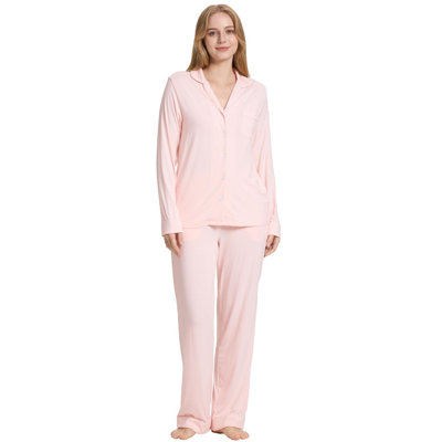  Women Pajama Sets Bathrobe Bamboo Long Sleeve Sleepwear Super-Soft Comfy Button Down Lounge Sleep Cooling Pjs Light Pink XL