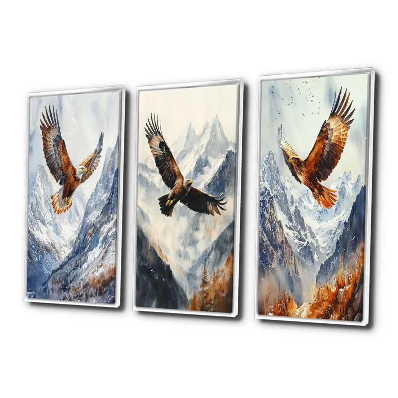 Aigle volant au-dessus des montagnes I, H 32 po x l 48 po, Impression encadrée flottante, Blanc
