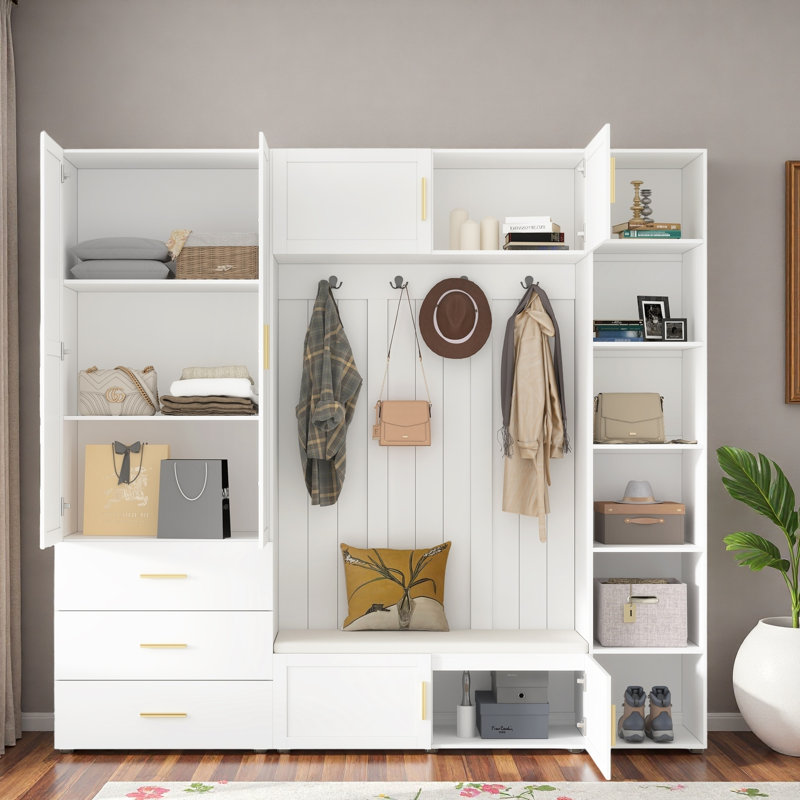 4-in-1 Hall Tree With Padded Bench, 4 Hooks, 3 Drawers And Adjustable Storage Shelves, Ancient White