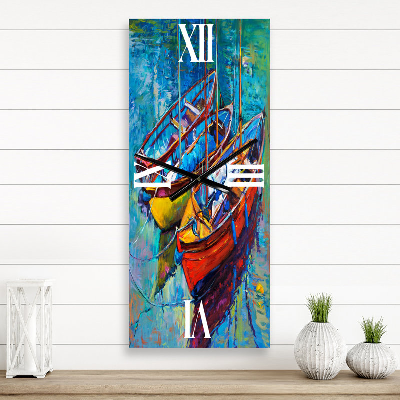 Trois bateaux dans le port - horloge murale nautique et côtière, Grand