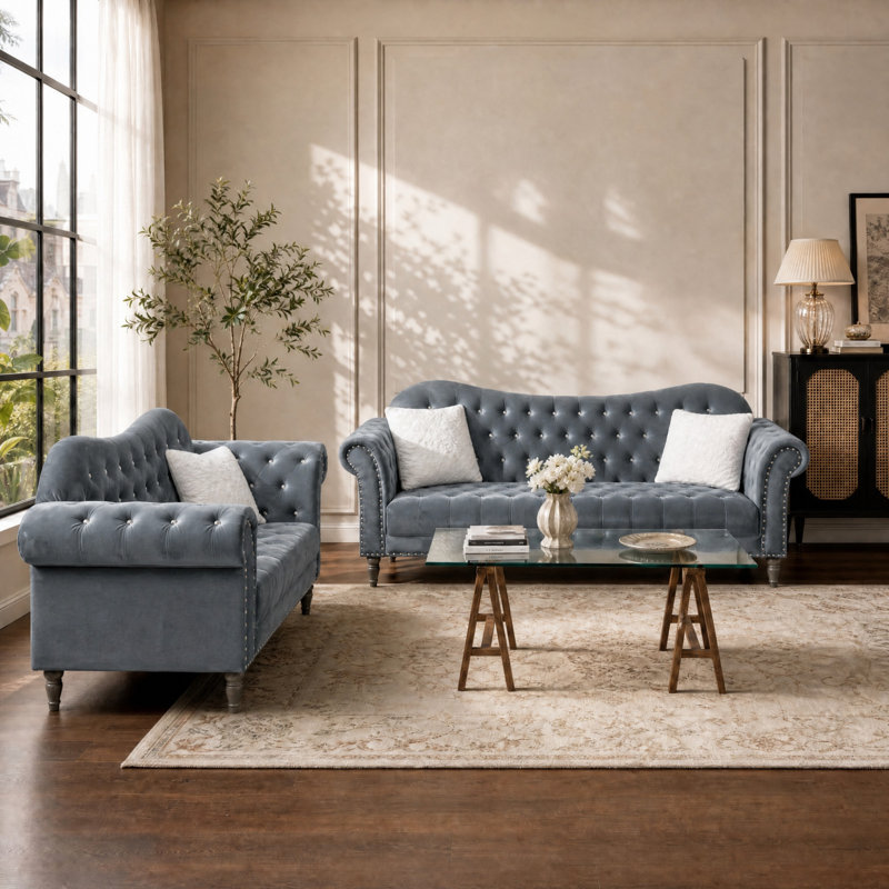 Ensemble de canapés chesterfield 2 pièces, Gris