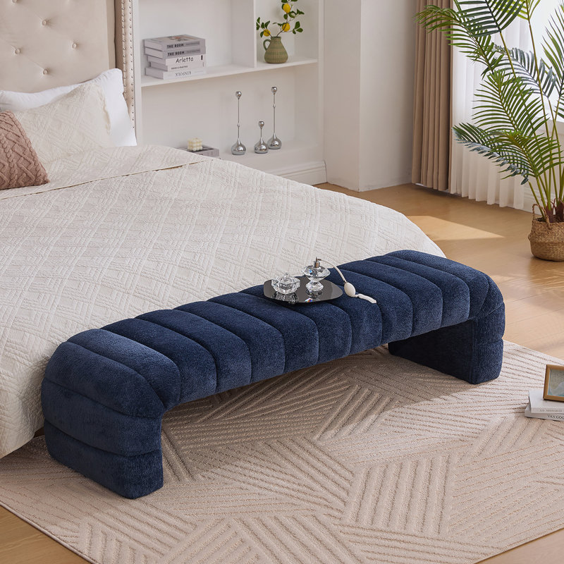 69.7"Wide Modern Upholstered Armless Bed Bench, Channel Tufted Couch Daybed Chaise, Chenille Ottoman Foot Stool For Living Room And Bedroom, Entryway, Navy