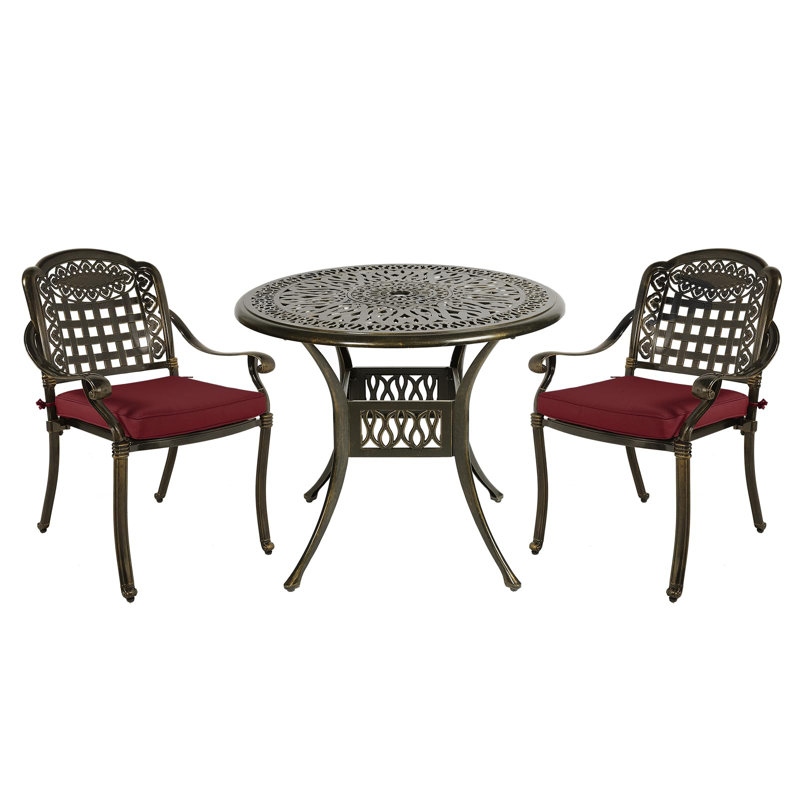 2 - Person Patio Dining Set with Round Table , Cushions Included, Chili Red