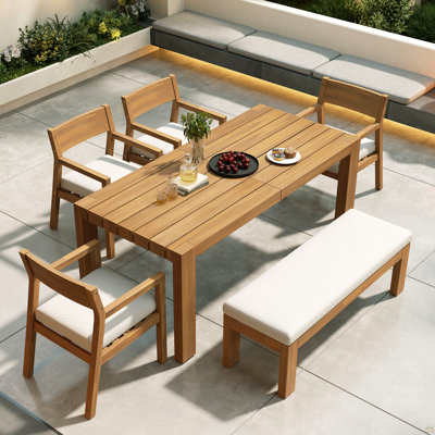 Ensemble de table de salle à manger pour 6 personnes, ensemble de mobilier d'extérieur avec trou pour parasol, table rectangulaire de 71 po, chaises et banc avec coussins amovibles