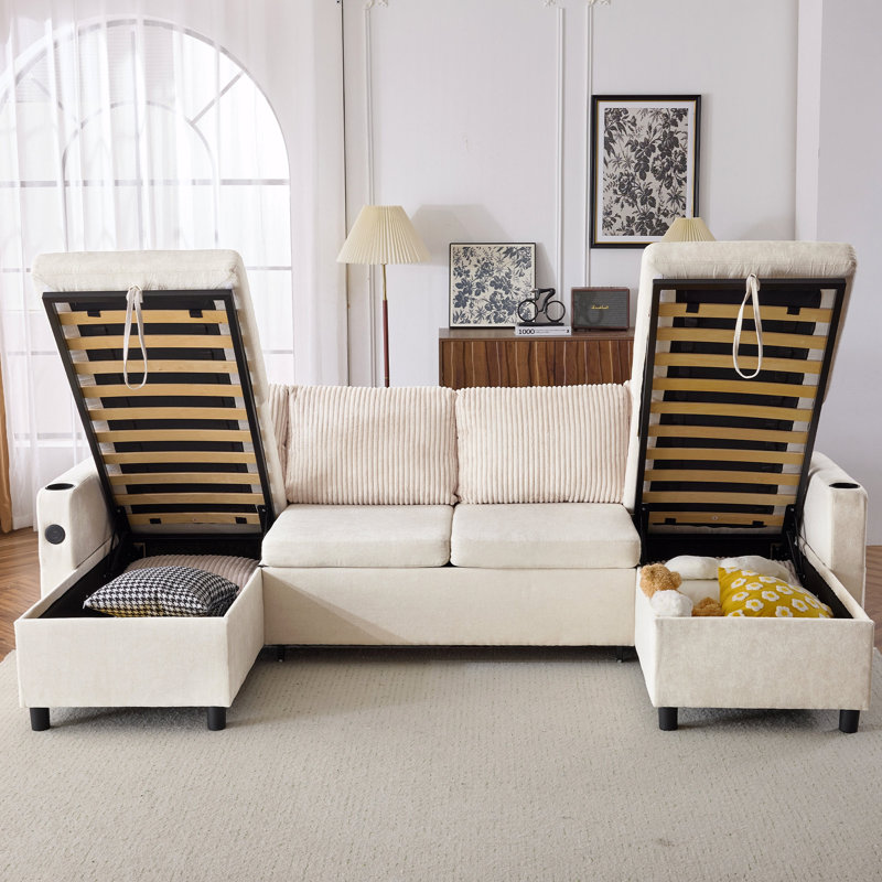 Canapé-lit modulaire de 113,4 po avec canapé-lit polyvalent avec grand espace de rangement, deux ports USB et deux porte-gobelets pour le salon (ancien SKU: N719S001660A), beige