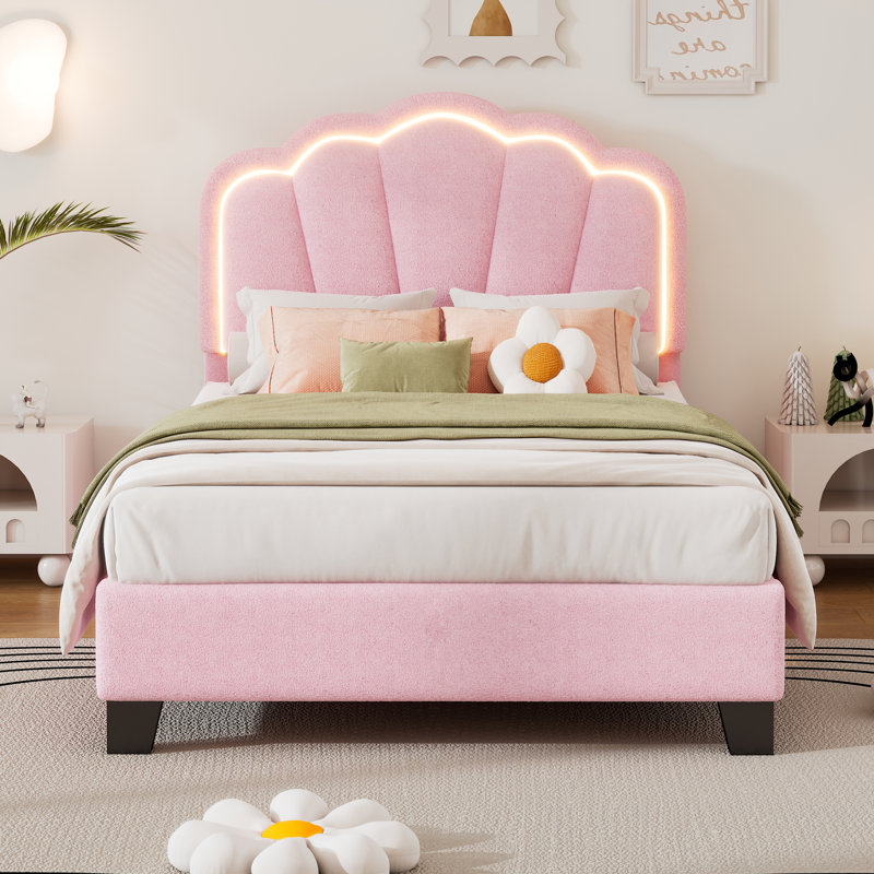 Lit tapissier en forme de fleur win win, tête de lit Elegant Flowers avec bande lumineuse à DEL, lit plateforme en tissu Sherpa avec support à lattes en bois, rose 