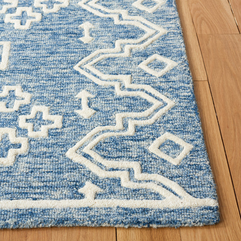 Ivory and Blue Handmade Wool Abstract Area Rug, 8' x 10'