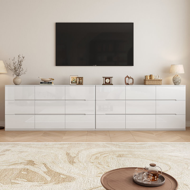 Commode 9 tiroirs l 60 po, armoire de rangement moderne ultrabrillante pour chambre à coucher, salon, blanc