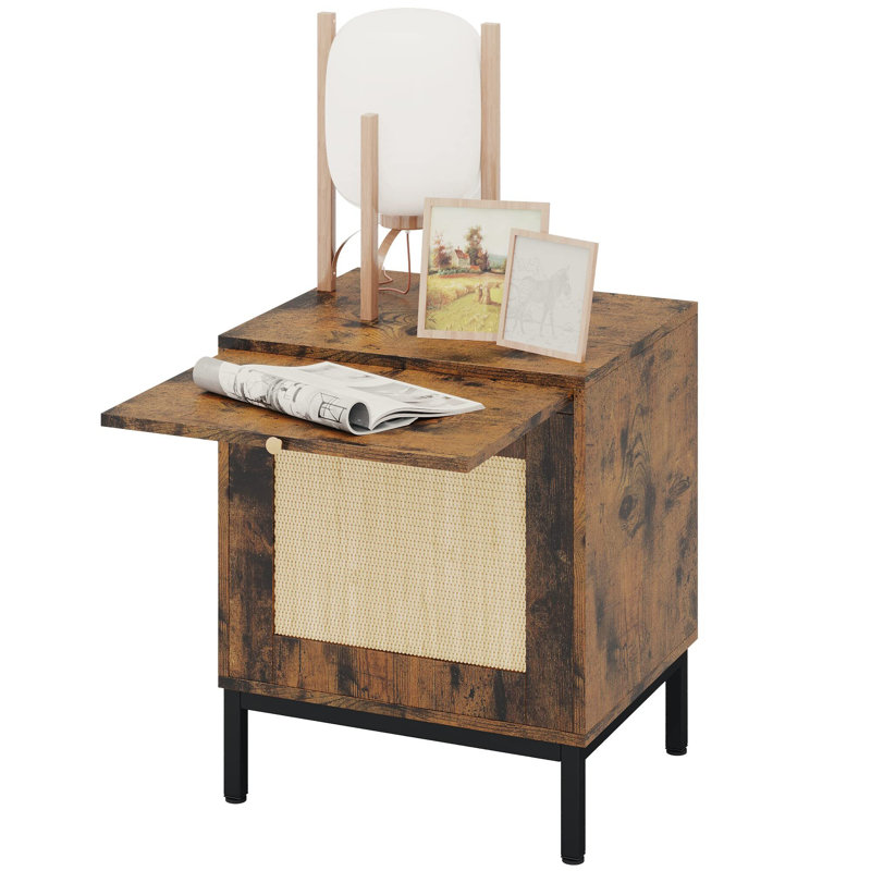 Table de bout en rotin, table de chevet en bois avec tablette de rangement, Brun, 2