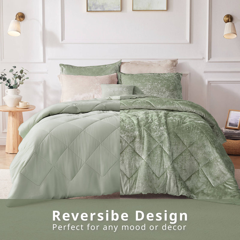 Felicia Crushed Velvet Comforter Set with Throw Pillow, Green, Twin/TwinXL Comforter+1Standard Sham+Throw Pillow