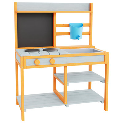 Cuisine en bois pour enfants, idéale pour jouer dehors, avec ustensiles de cuisine, évier et robinet | Tableau noir, étagères de rangement et fausse cuisinière pour garçons et filles de 3 à 8 ans